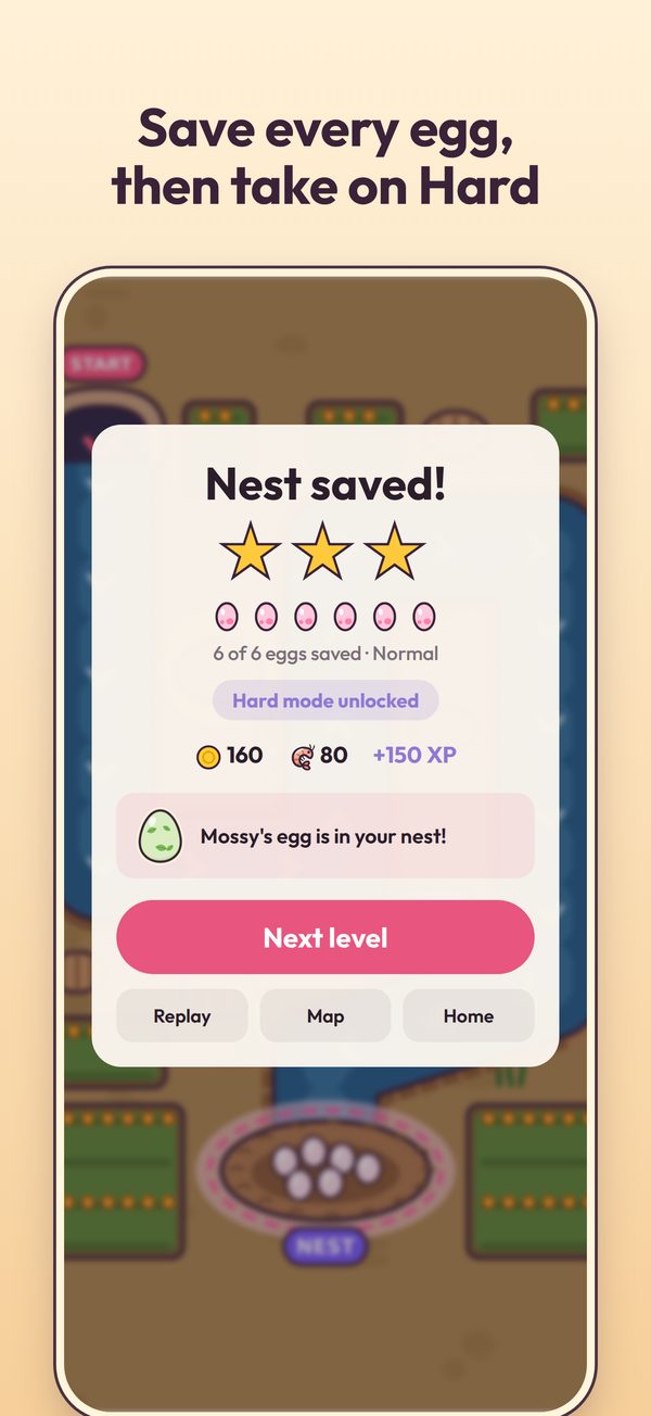 Nest saved with three stars and Hard mode unlocked